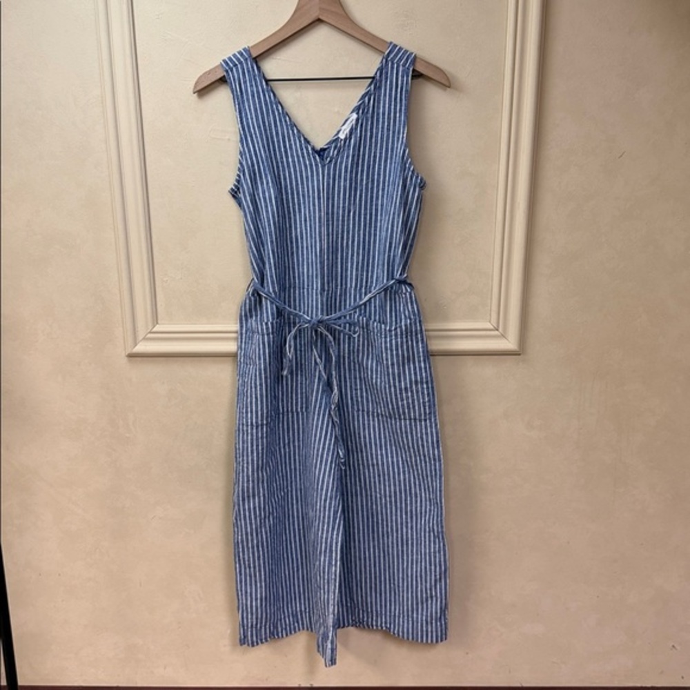BeachLunchLounge linen blend blue and white pinstripe jumpsuit size Large